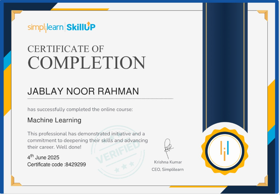 Machine Learning Simplilearn Certificate