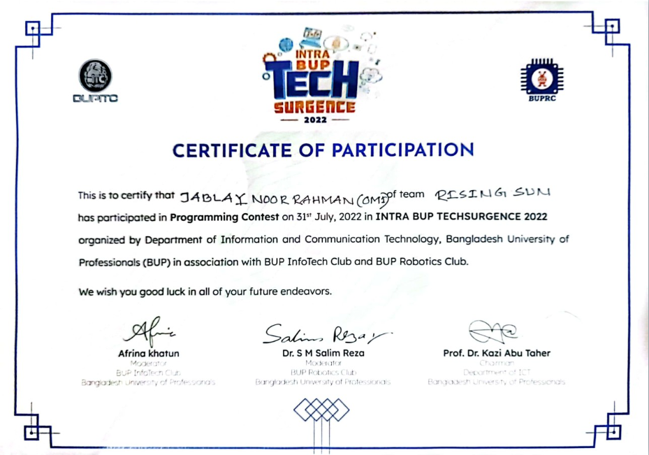 Programming Contest Certificate