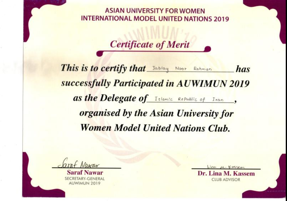 AUWIMUN Certificate