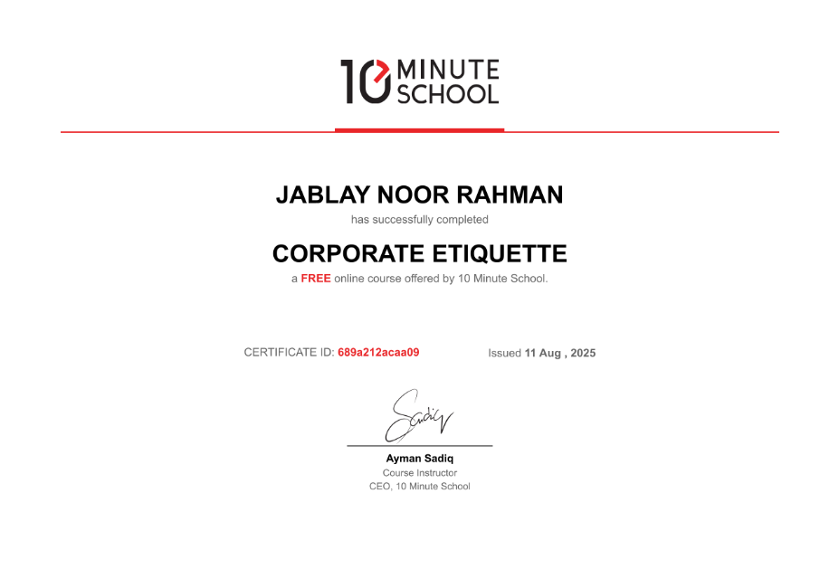 Corporate Etiquette Certificate